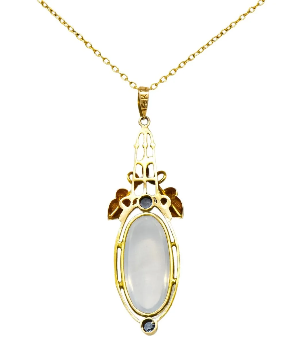 Art Nouveau Moonstone Sapphire 14 Karat Gold Acorn Accented Pendant