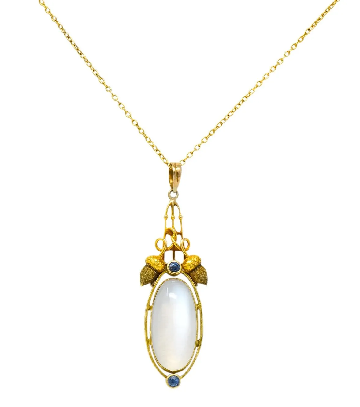 Art Nouveau Moonstone Sapphire 14 Karat Gold Acorn Accented Pendant