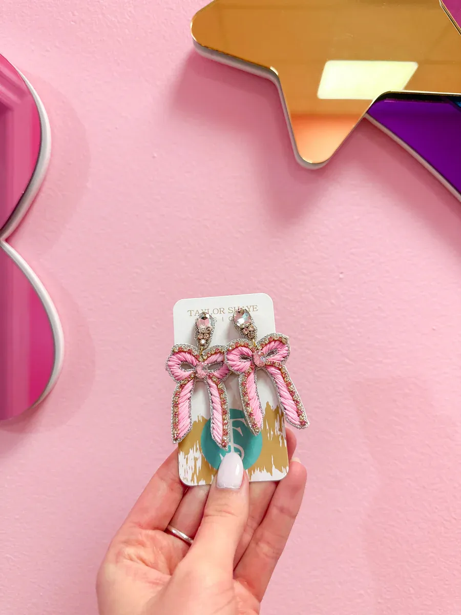 Beaded Bow Drop Earrings - Baby Pink