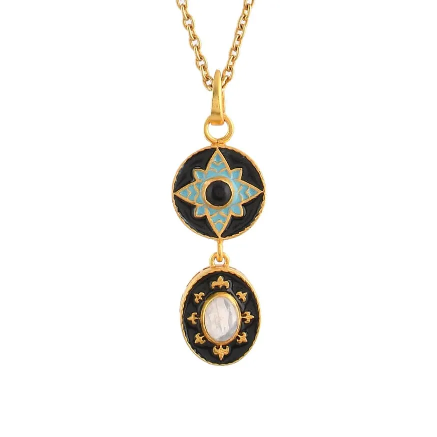 Blue Enamel & Onyx & Moonstone Pendant Necklace