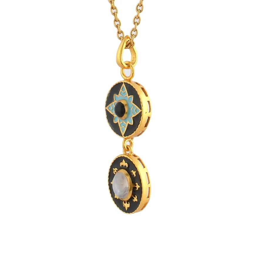 Blue Enamel & Onyx & Moonstone Pendant Necklace