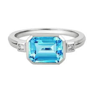 Blue Topaz and Diamond Three Stone Ring, 14Kt