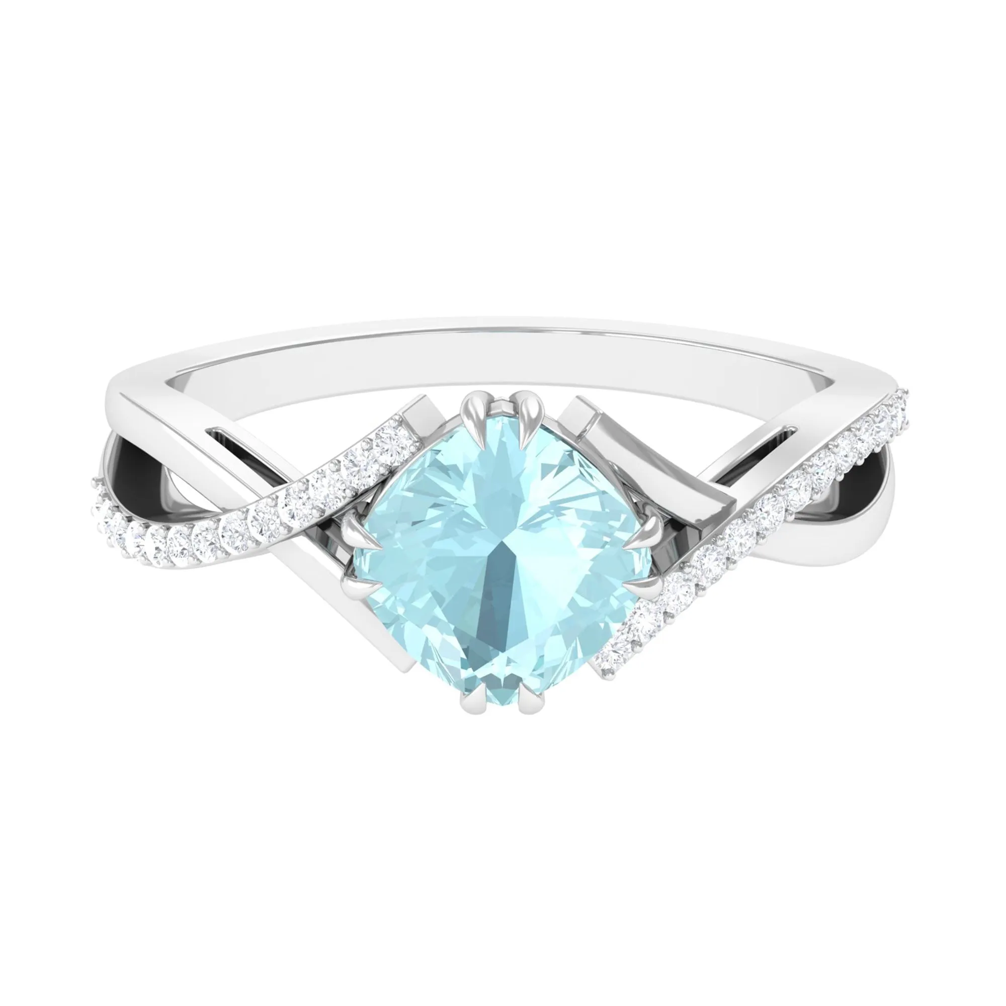 Cushion Cut Sky Blue Topaz Crossover Engagement Ring with Diamond