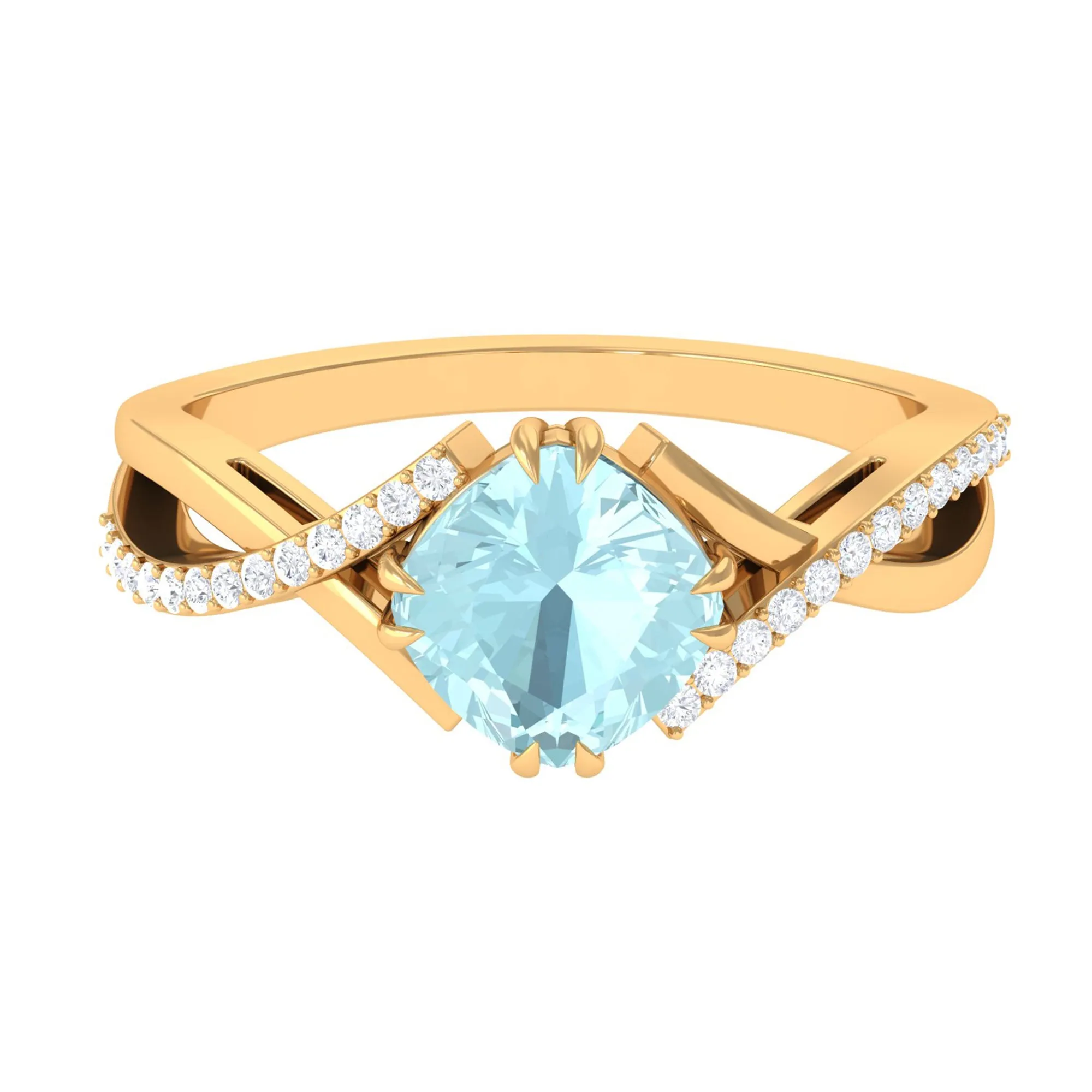 Cushion Cut Sky Blue Topaz Crossover Engagement Ring with Diamond