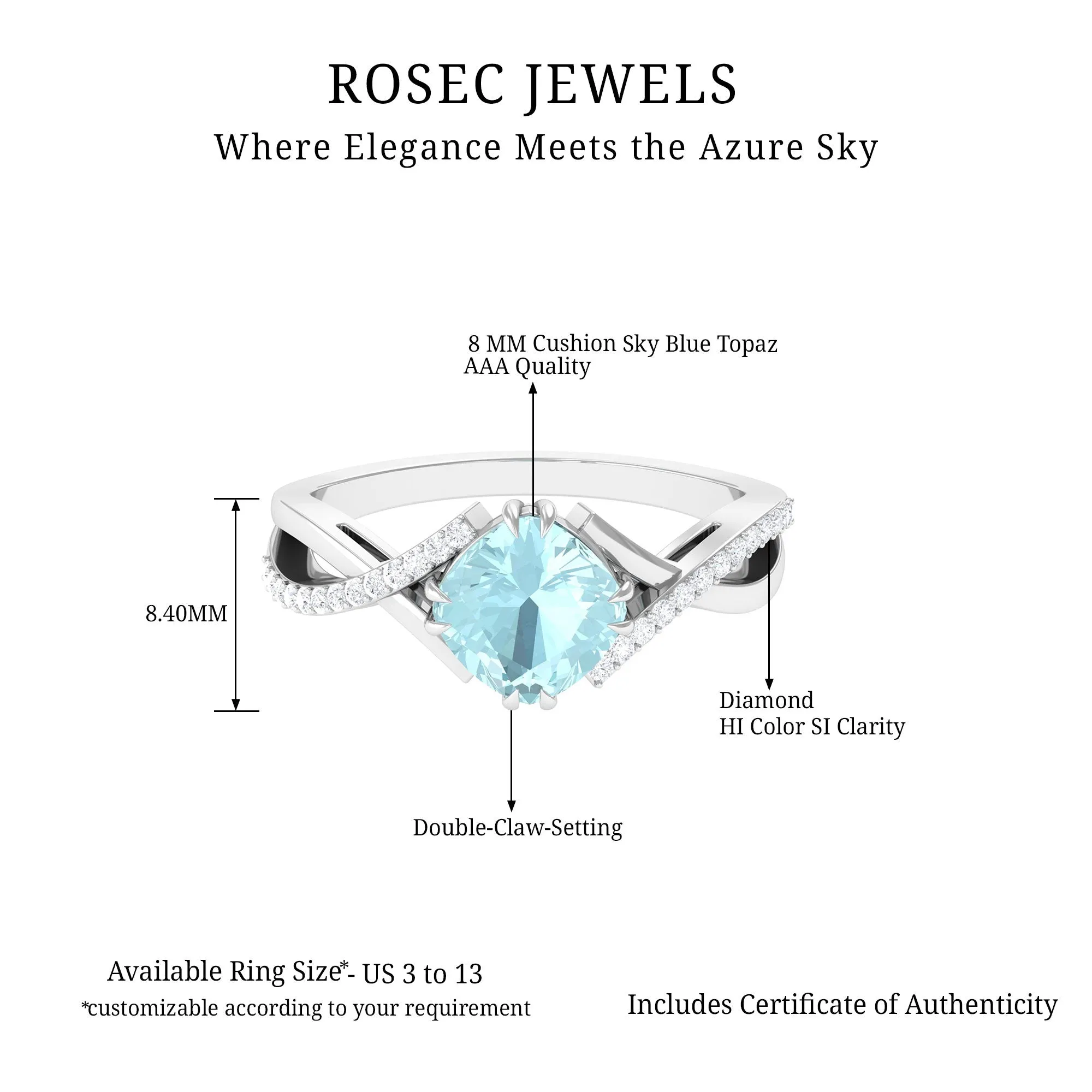 Cushion Cut Sky Blue Topaz Crossover Engagement Ring with Diamond