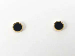 Cute Dainty Center Black Stone Gold Tone Frame Round Disc Steel Stud Earrings