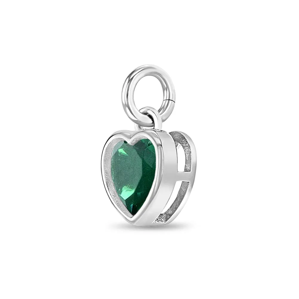 CZ Birthstone Heart Charm May – Emerald Kids / Children's / Girls for Charm Bracelet - Sterling Silver