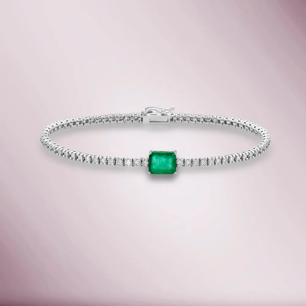 Diamond Tennis Bracelet With Emerald Cut Emerald Solitaire (2.80 ct.) 1.7 mm 4-Prongs Setting in 14K Gold