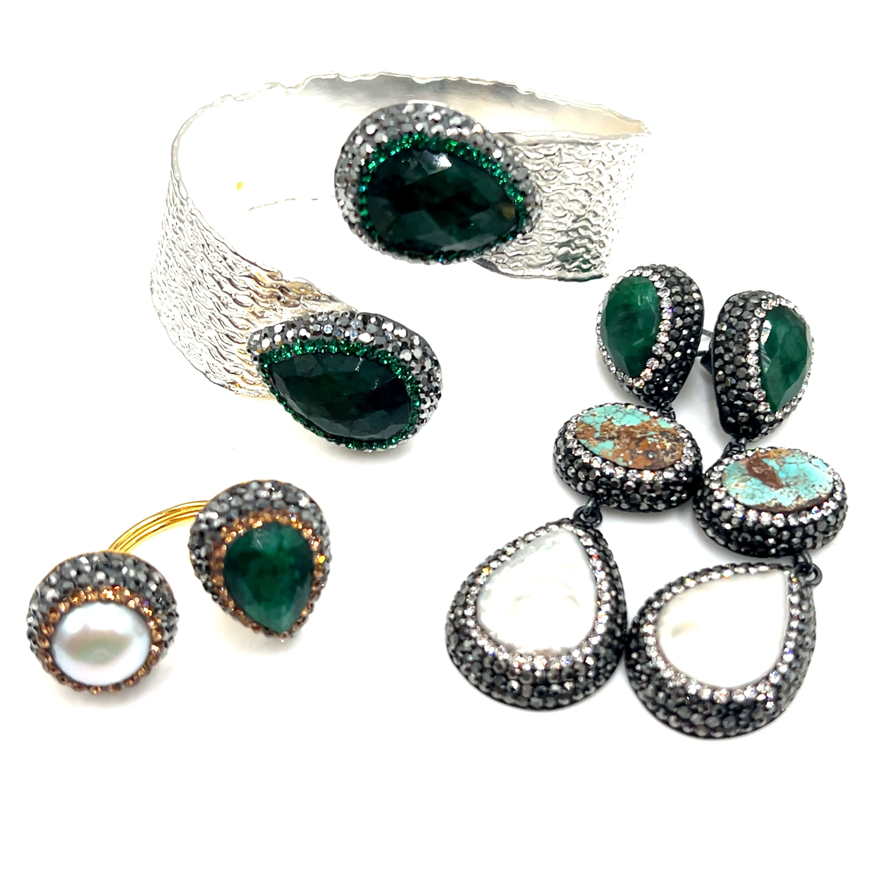 Emerald & Cultured Pearl Gemstone Silver Wraparound Adjustable Cuff Bracelet Set