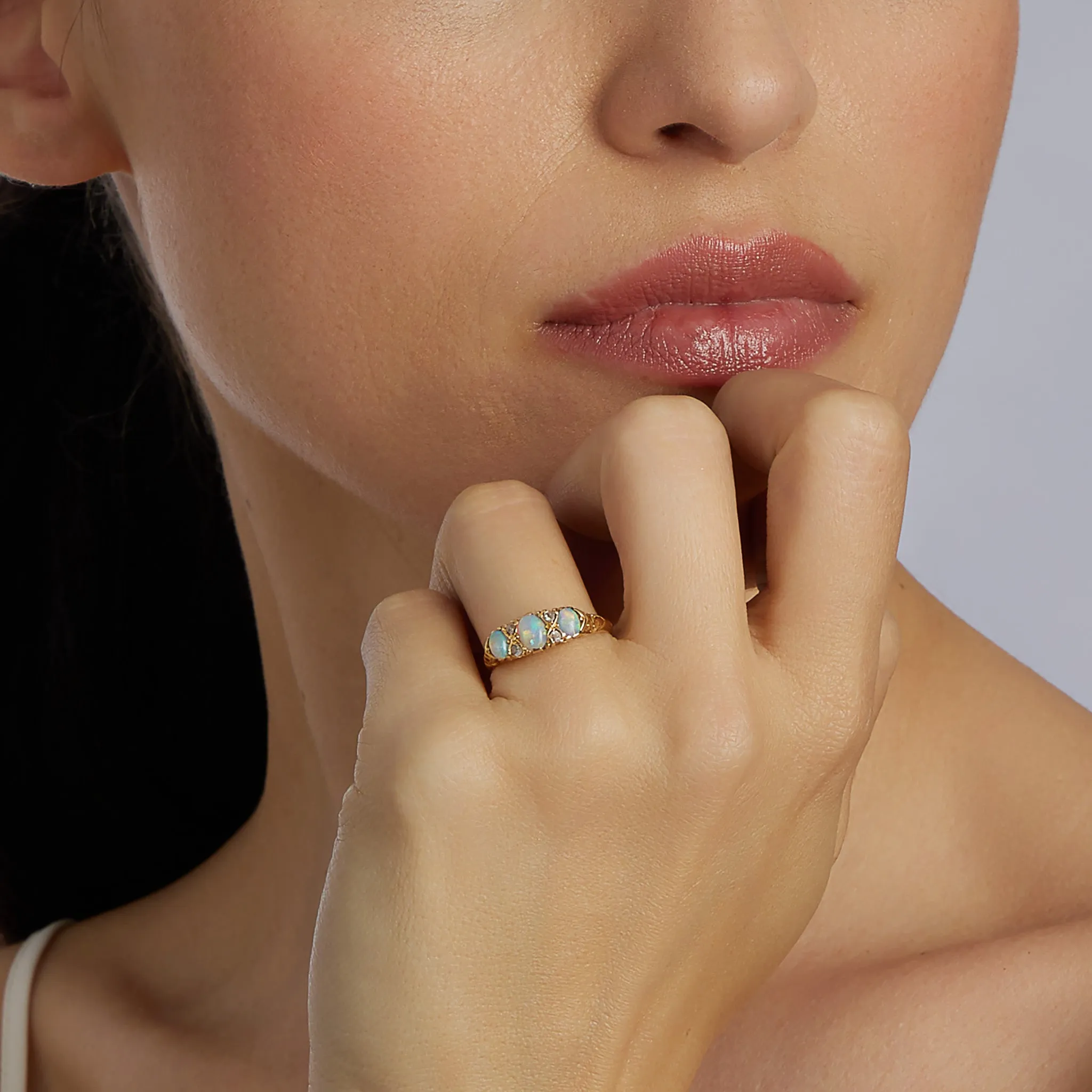 English Precious Opal and Rose-cut Diamond Ring