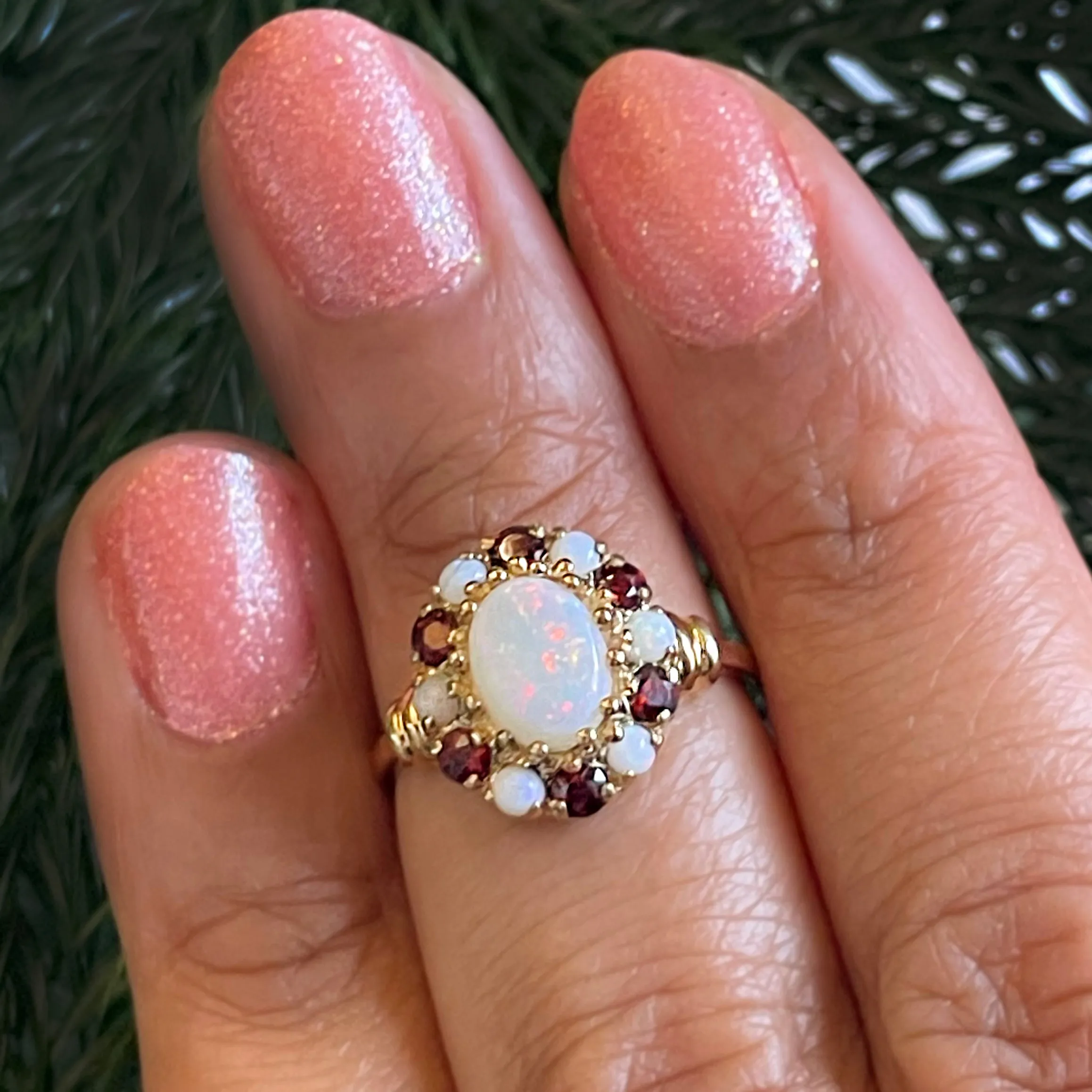 ESTATE 10KY Opal & Garnet Halo Style Ring