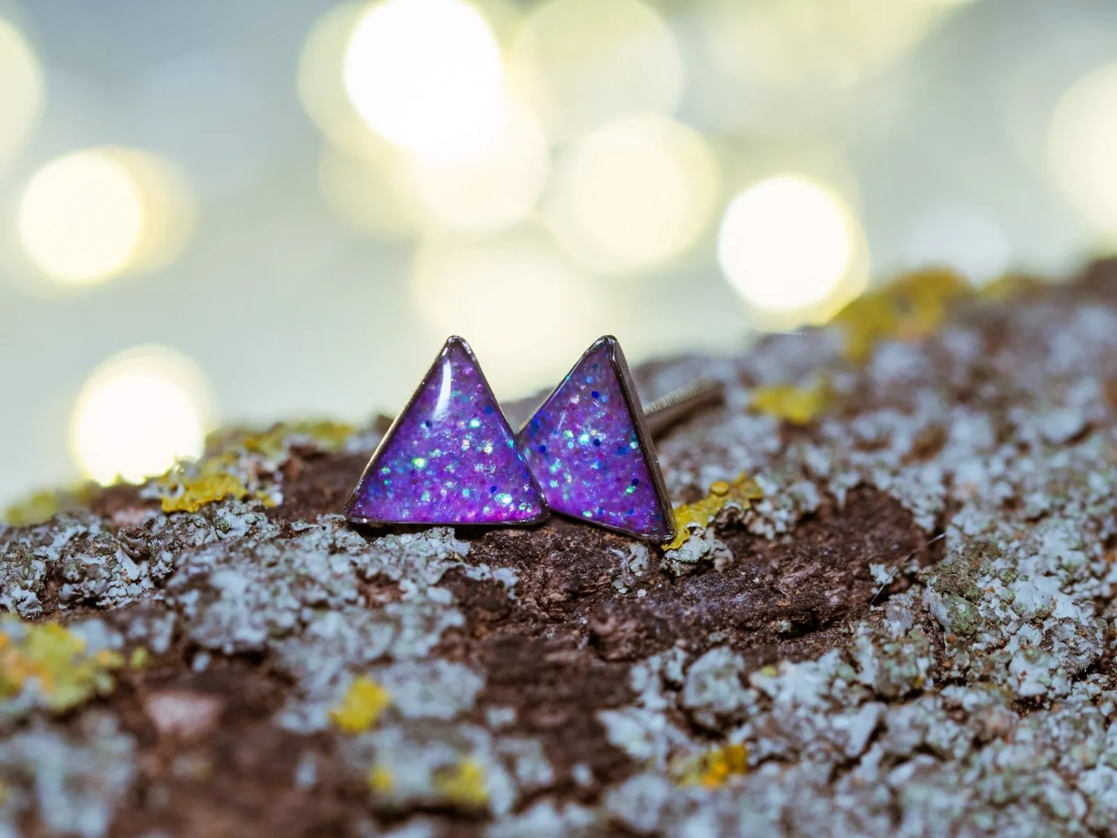 Glitter triangle stud earrings, Stainless steel