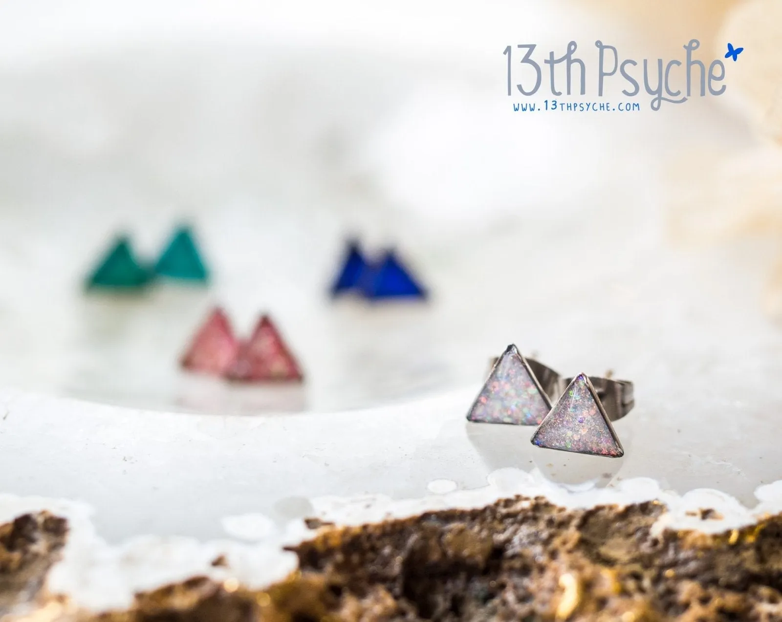 Glitter triangle stud earrings, Stainless steel