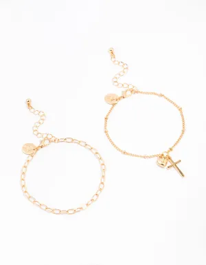 Gold Chain Cross & Heart Bracelets 2-Pack