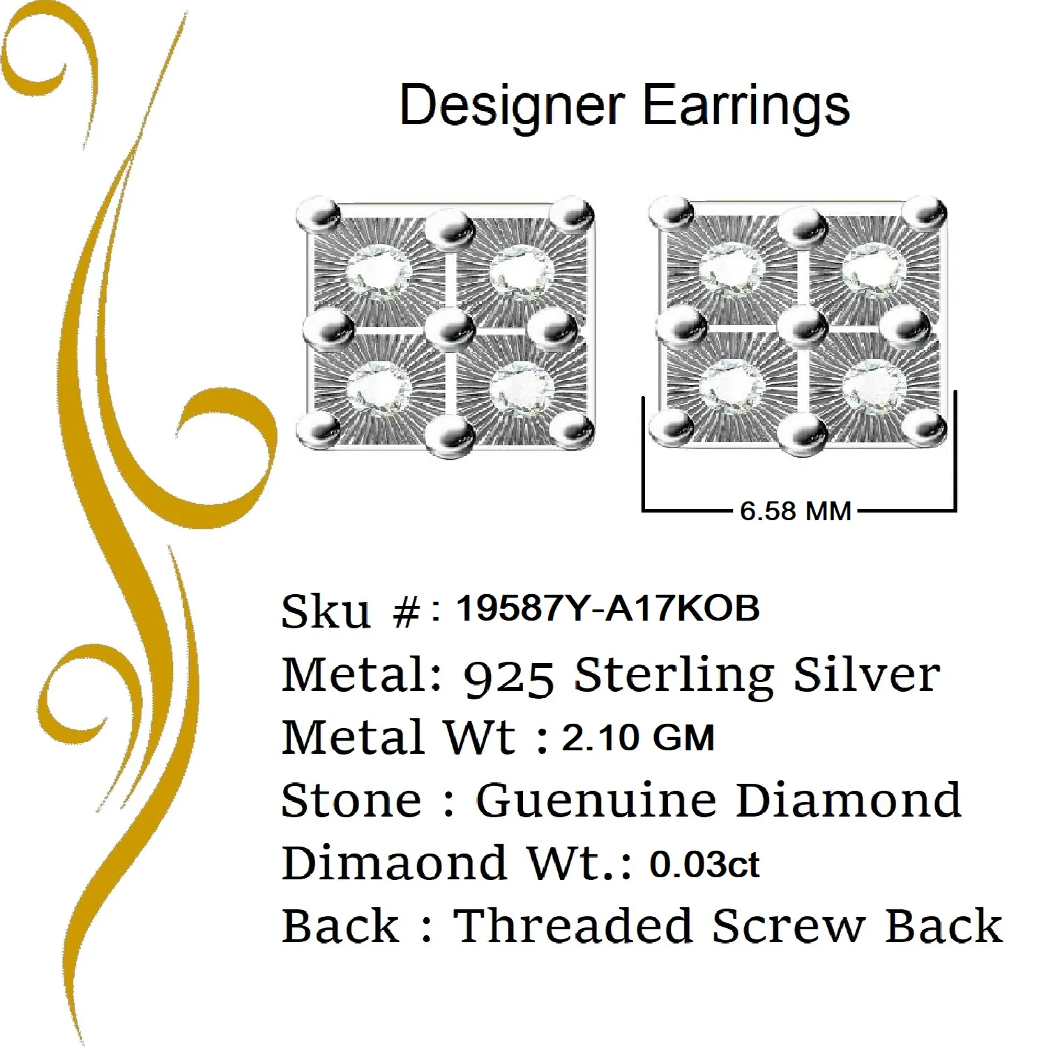 King of Blings-0.03ct Diamond Stud Earrings For Women Yellow 925 Sterling Silver Stud For Men