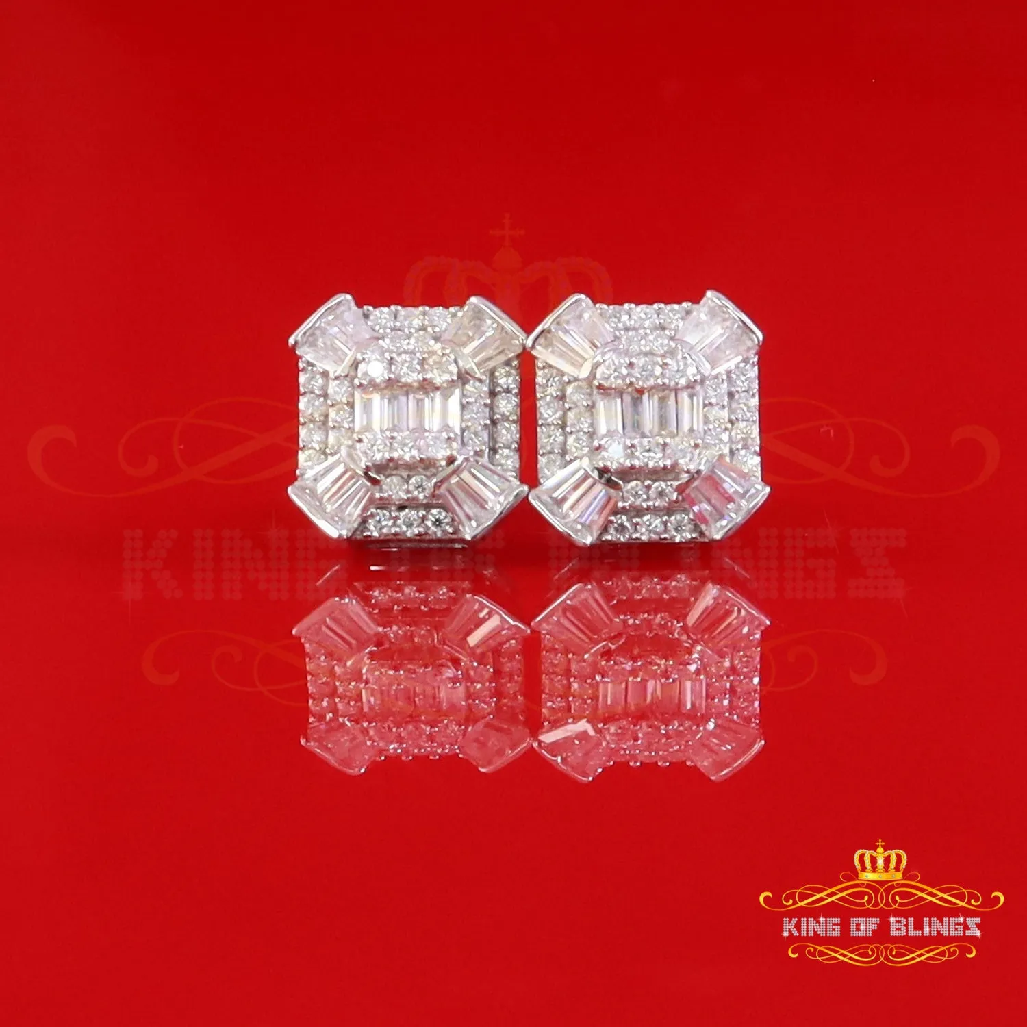 King of Bling's 925 White Silver 1.25ct VVS 'D' Moissanite Rectangle Stud Earring Men's/Womens