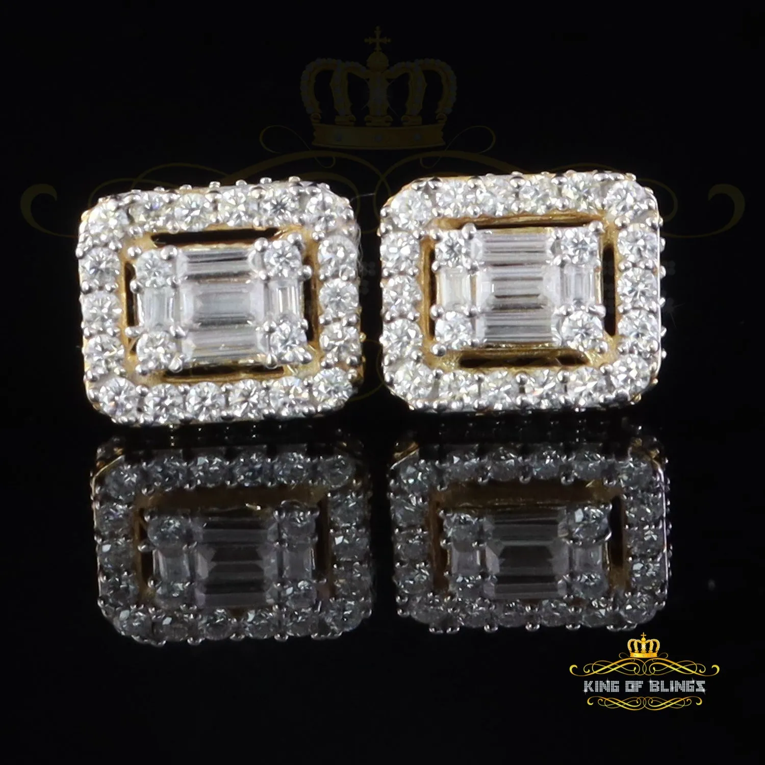 King  of Bling's 925 Yellow Silver 1.25ct VVS 'D' Moissanite Square Stud Earring Men's/Womens