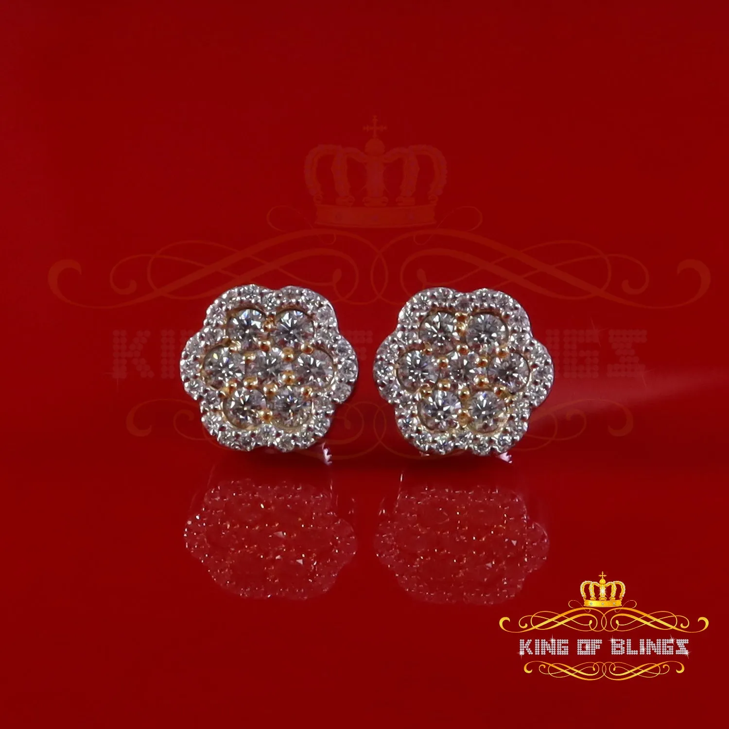 King  of Bling's Yellow Floral Silver 1.50ct VVS 'D' Moissanite 925 Stud Earrings Men's/Womens