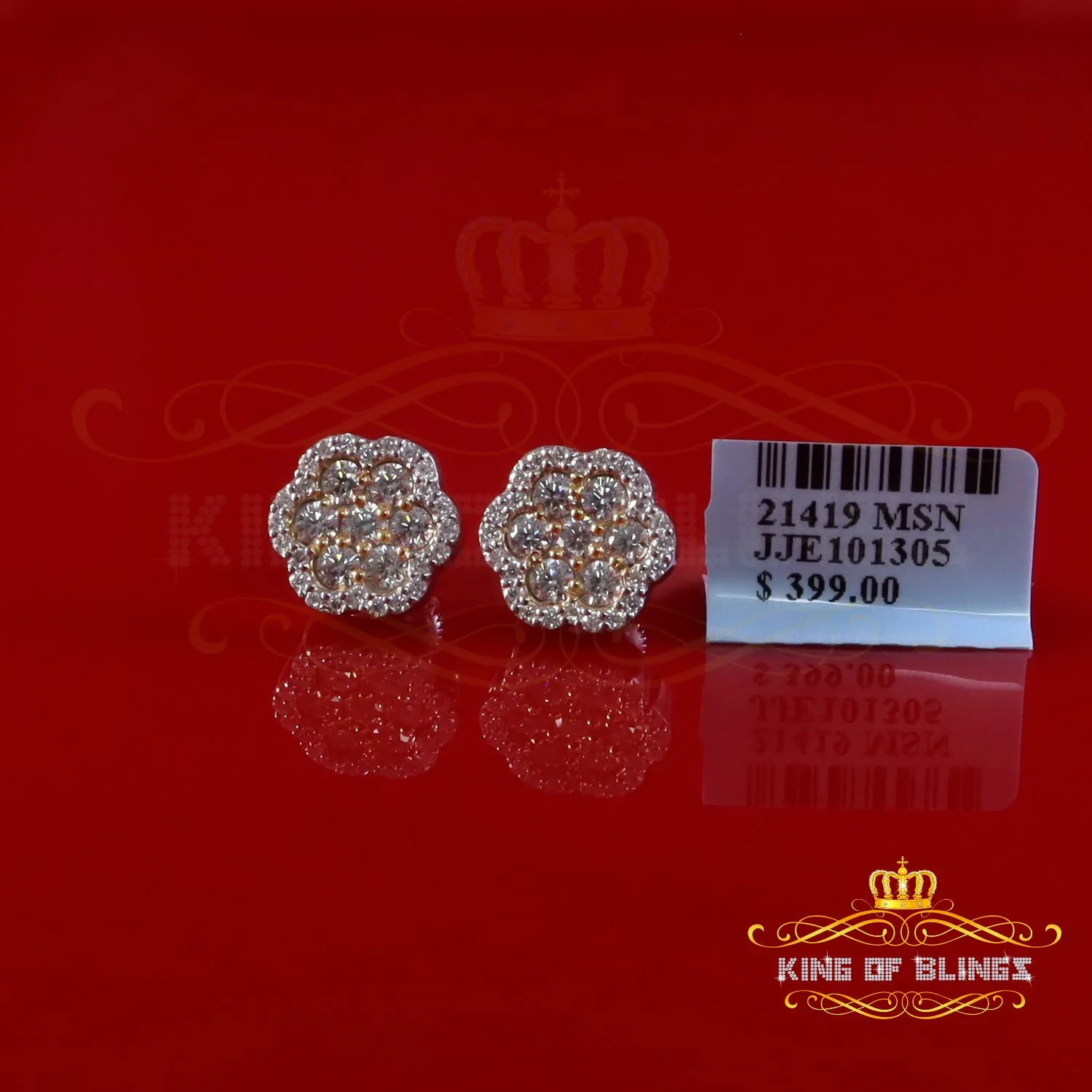 King  of Bling's Yellow Floral Silver 1.50ct VVS 'D' Moissanite 925 Stud Earrings Men's/Womens