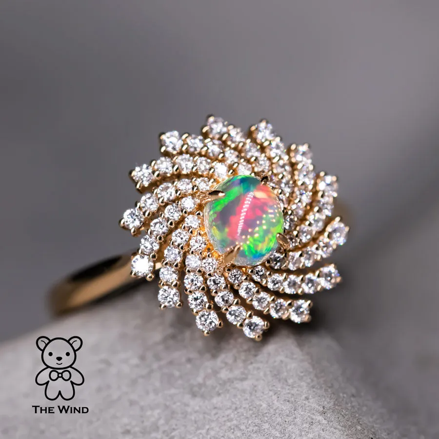 La Galaxia - Vivid Mexican Fire Opal & Diamond Engagement Wedding Ring 18K Yellow Gold