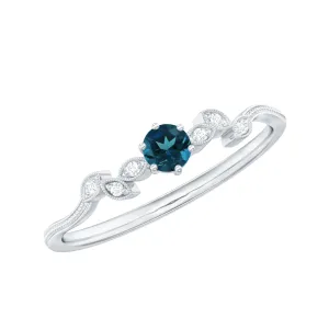 London Blue Topaz Leaf Inspired Solitaire Promise Ring with Beaded Details