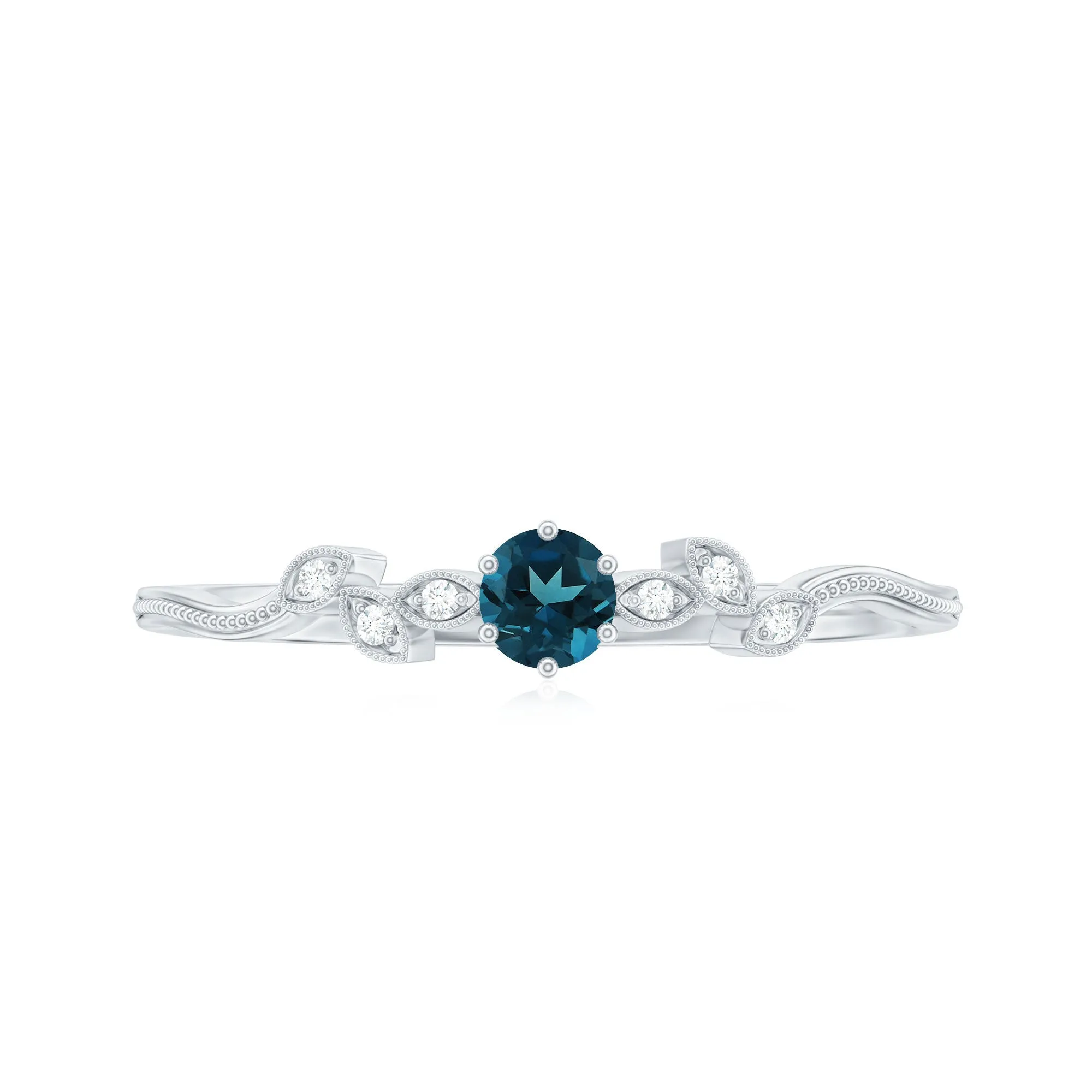 London Blue Topaz Leaf Inspired Solitaire Promise Ring with Beaded Details