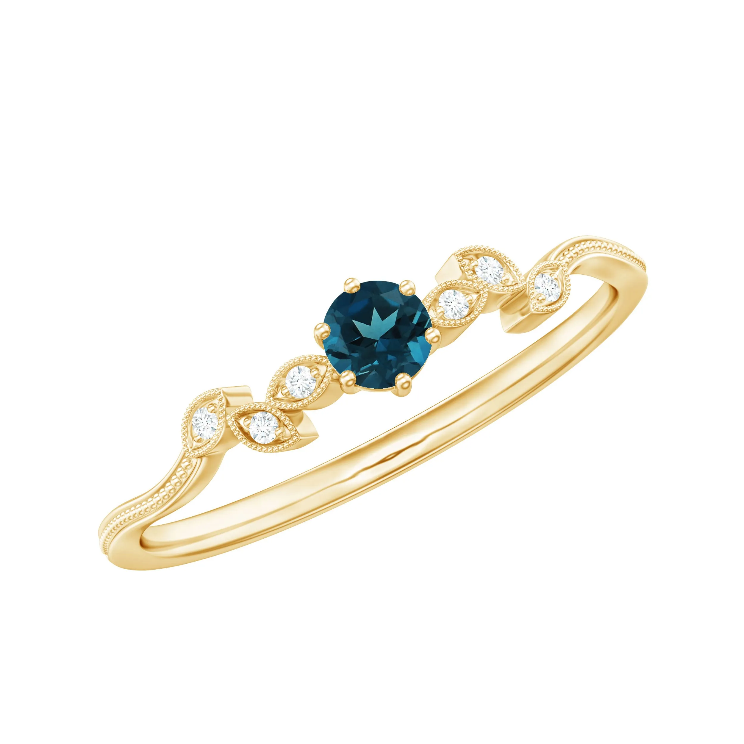 London Blue Topaz Leaf Inspired Solitaire Promise Ring with Beaded Details