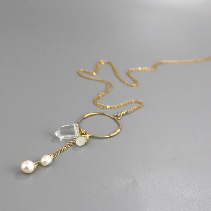 Long Moonstone Pearl Hoop Necklace