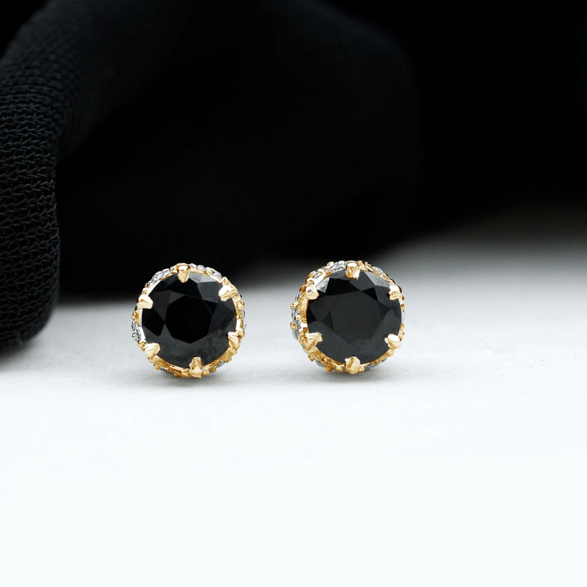 Lotus Basket Set Black Spinel Solitaire Stud Earrings with Diamond Accent