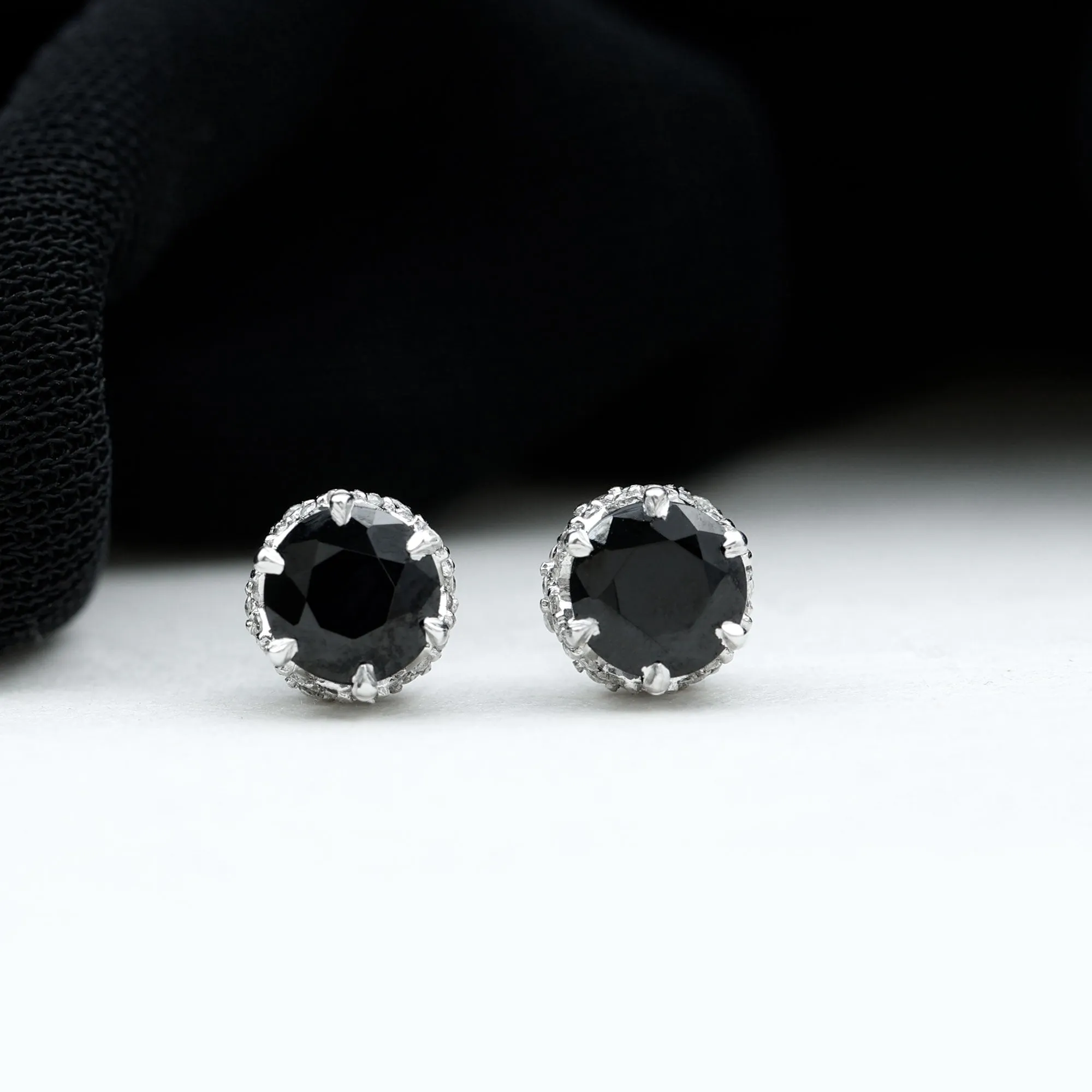 Lotus Basket Set Black Spinel Solitaire Stud Earrings with Diamond Accent