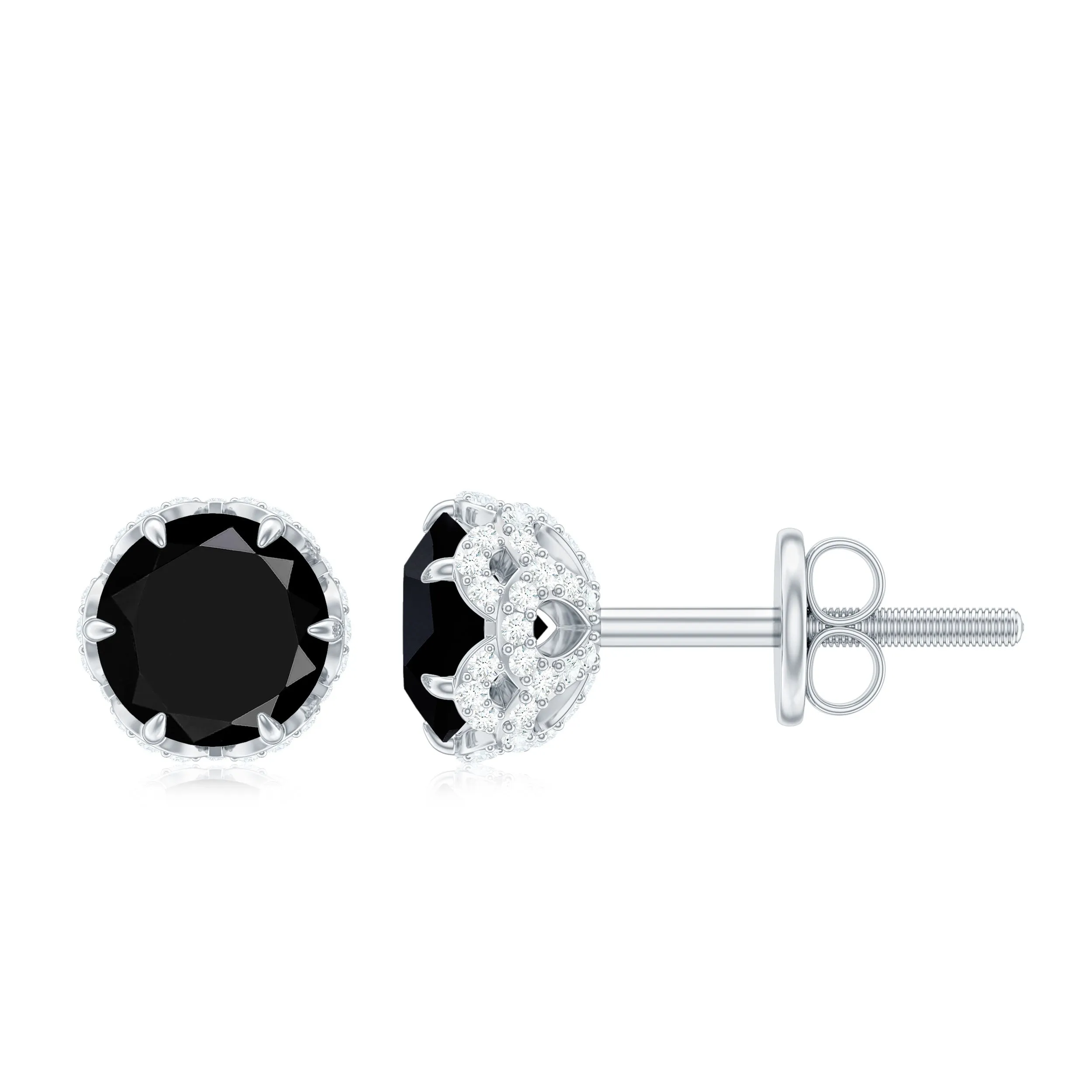 Lotus Basket Set Black Spinel Solitaire Stud Earrings with Diamond Accent