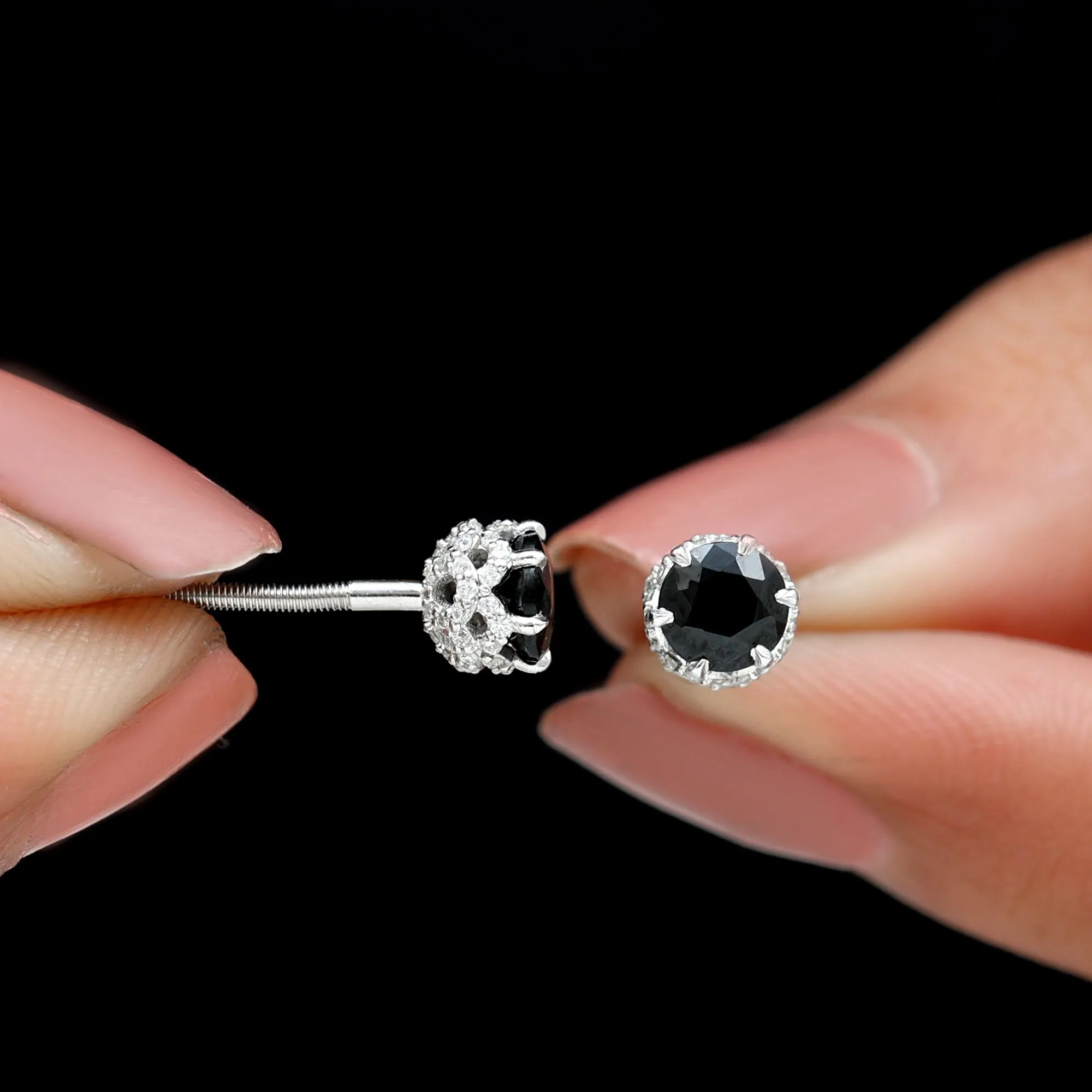 Lotus Basket Set Black Spinel Solitaire Stud Earrings with Diamond Accent