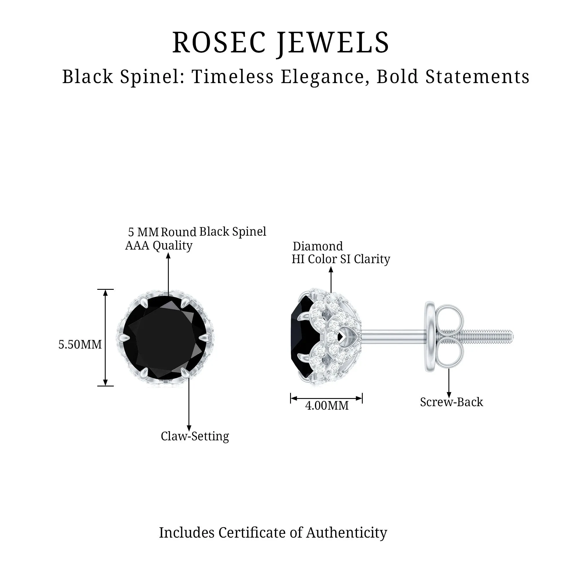 Lotus Basket Set Black Spinel Solitaire Stud Earrings with Diamond Accent