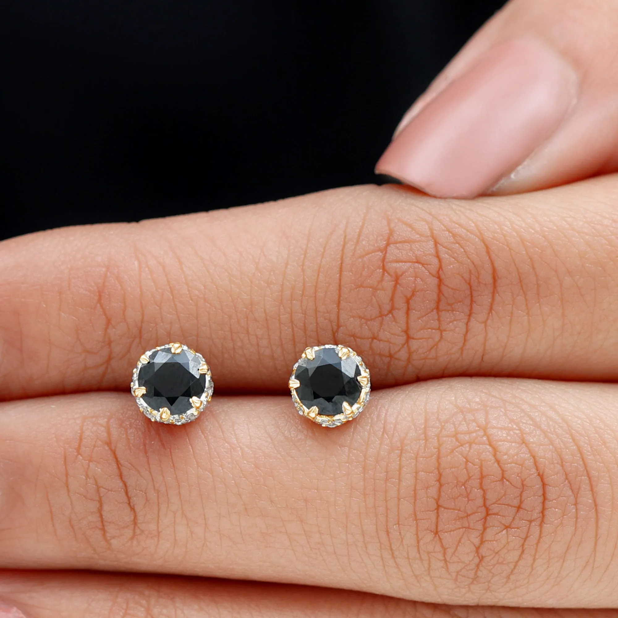 Lotus Basket Set Black Spinel Solitaire Stud Earrings with Diamond Accent