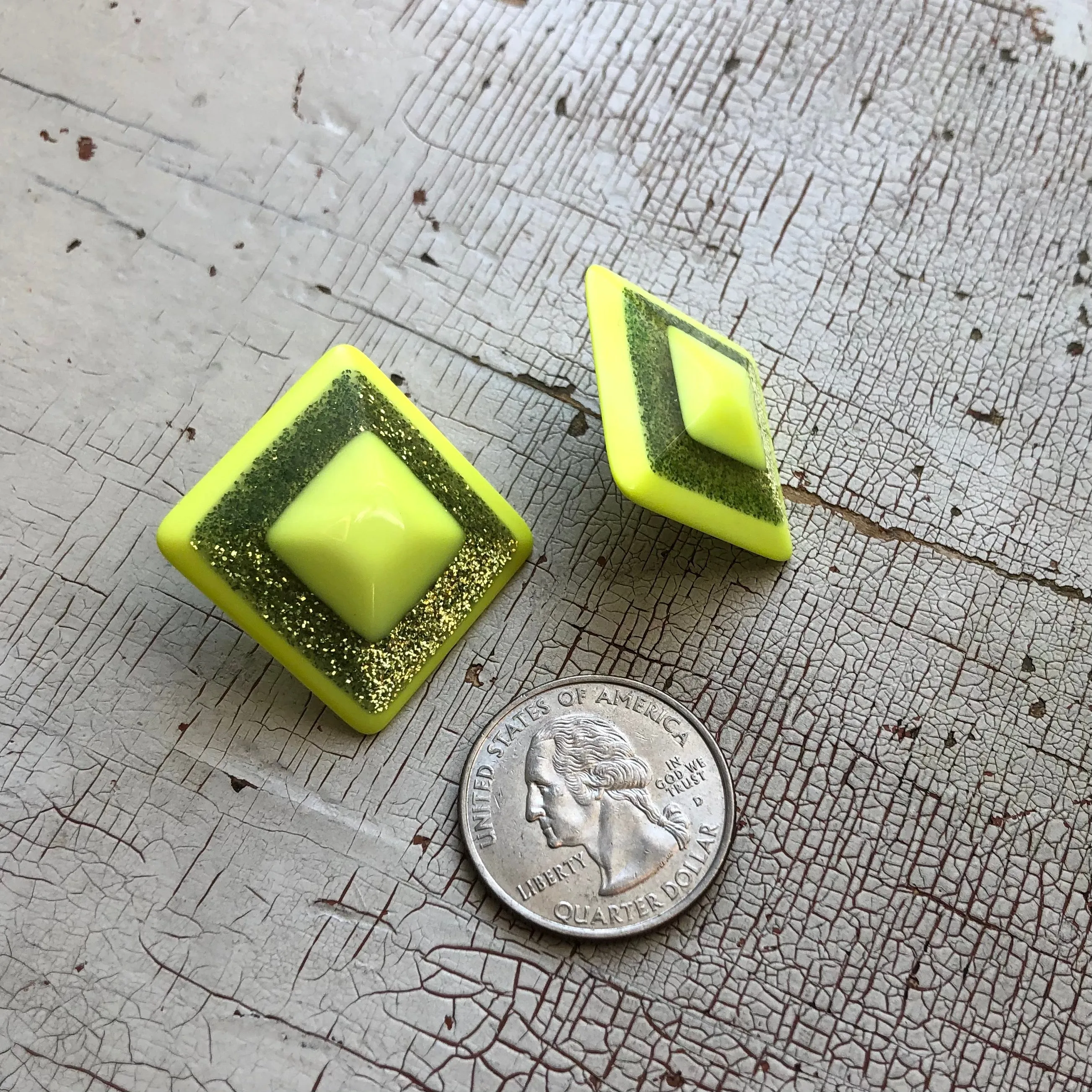 Neon Yellow Sparkle Square Stud Earrings