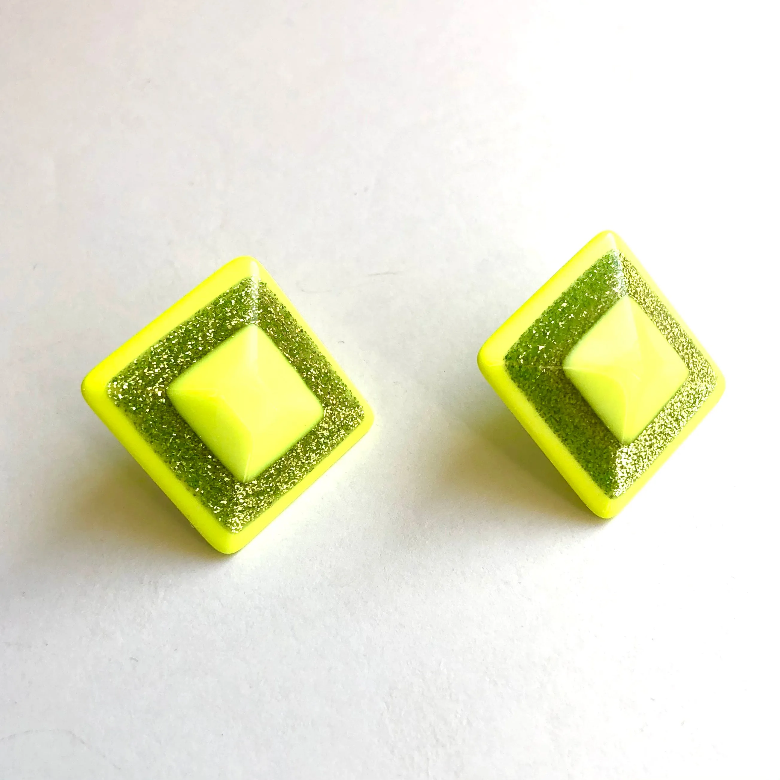 Neon Yellow Sparkle Square Stud Earrings