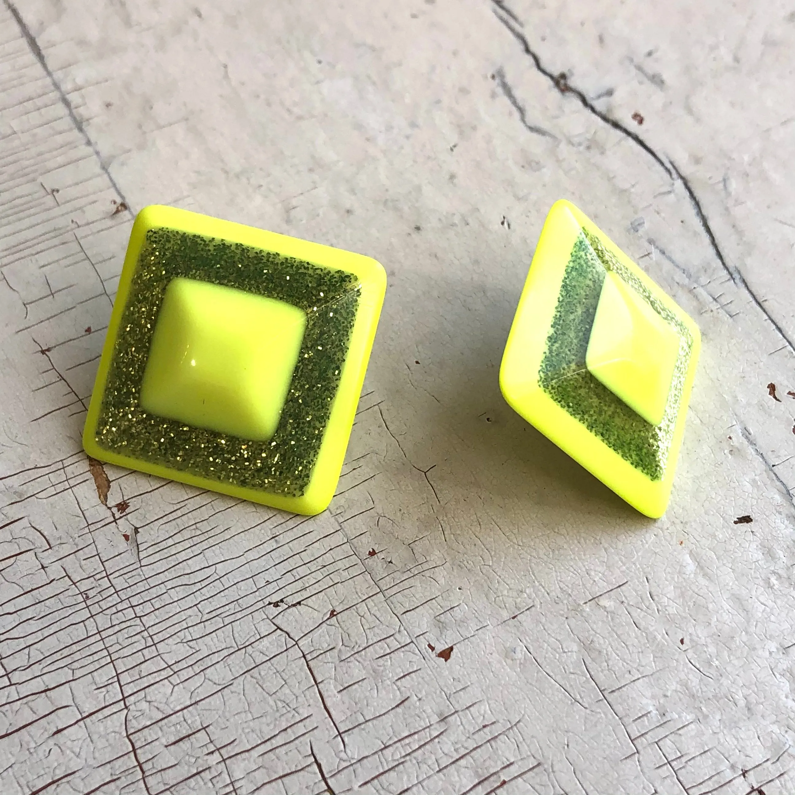 Neon Yellow Sparkle Square Stud Earrings