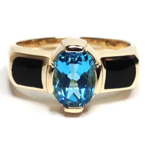 Onyx 2 Section Inlaid And Oval Swiss Blue Topaz Ring