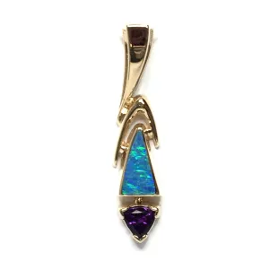 Opal Pendant Triangle Inlaid Design with Trillion Cut Amethyst