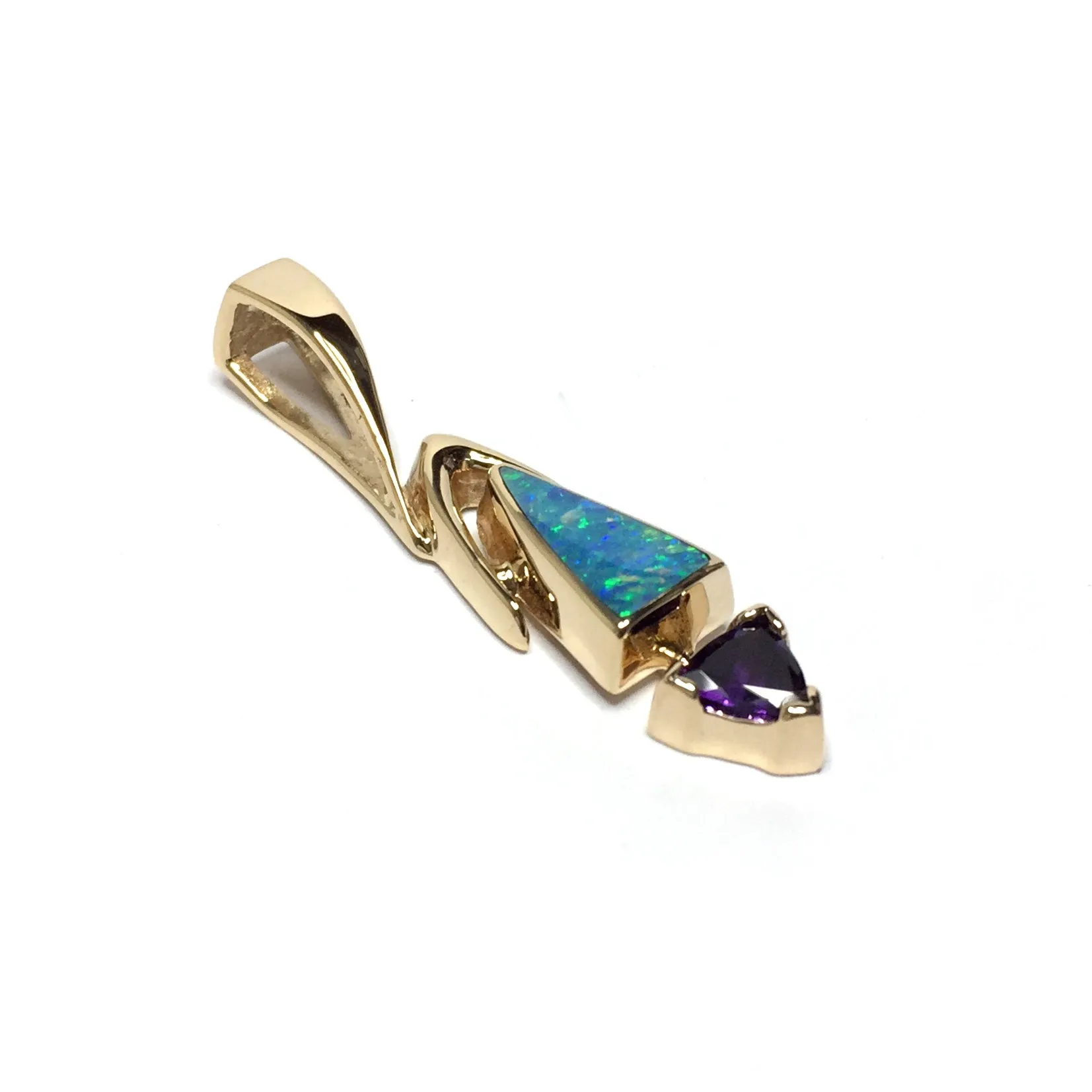 Opal Pendant Triangle Inlaid Design with Trillion Cut Amethyst