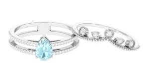 Pear Cut Real Sky Blue Topaz and Diamond Wedding Ring Set