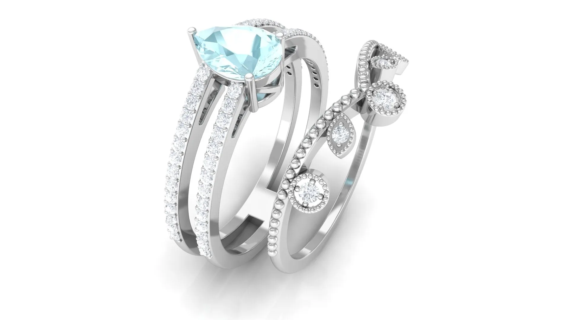 Pear Cut Real Sky Blue Topaz and Diamond Wedding Ring Set