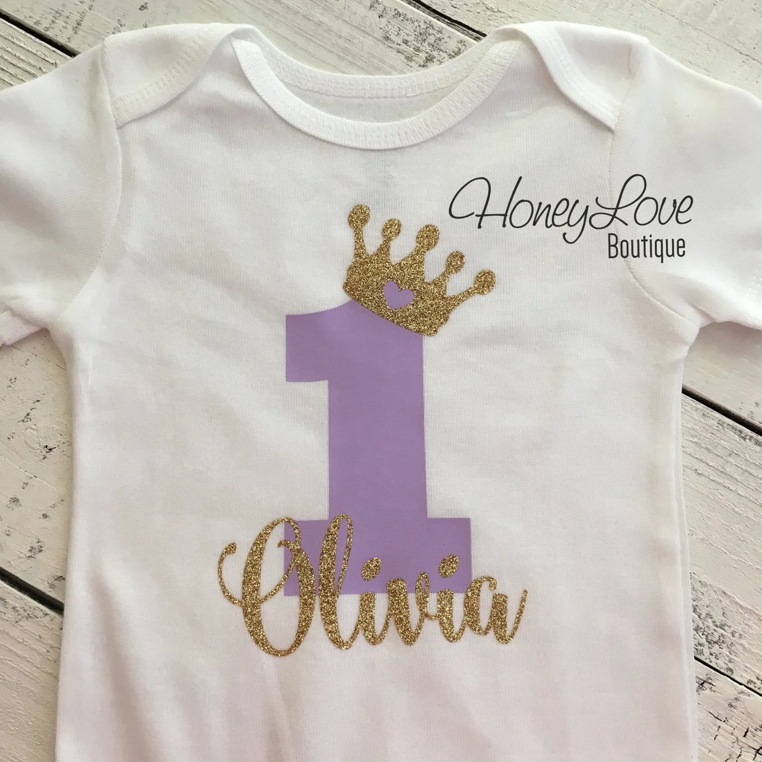 Personalized First Birthday Princess Bodysuit - Lavender Purple and Silver glitter