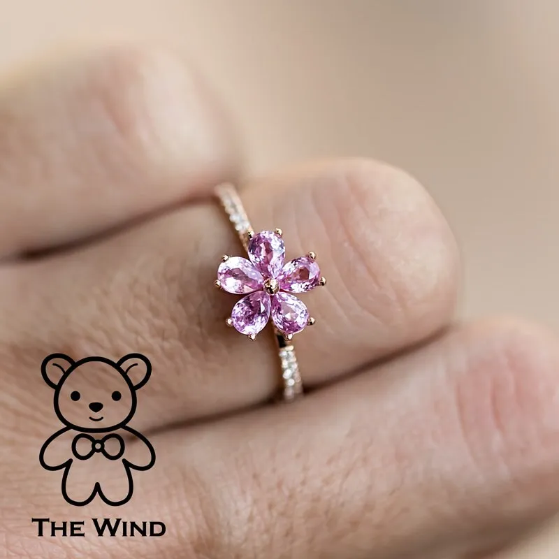 Pink Sapphire Diamond Sakura Cherry Blossom Flower Engagement Ring 18K Rose Gold Promise Ring for Couples