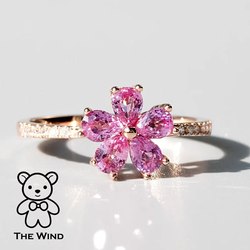 Pink Sapphire Diamond Sakura Cherry Blossom Flower Engagement Ring 18K Rose Gold Promise Ring for Couples