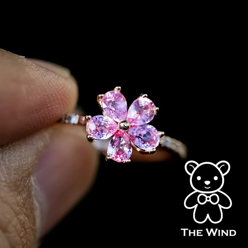 Pink Sapphire Diamond Sakura Cherry Blossom Flower Engagement Ring 18K Rose Gold Promise Ring for Couples