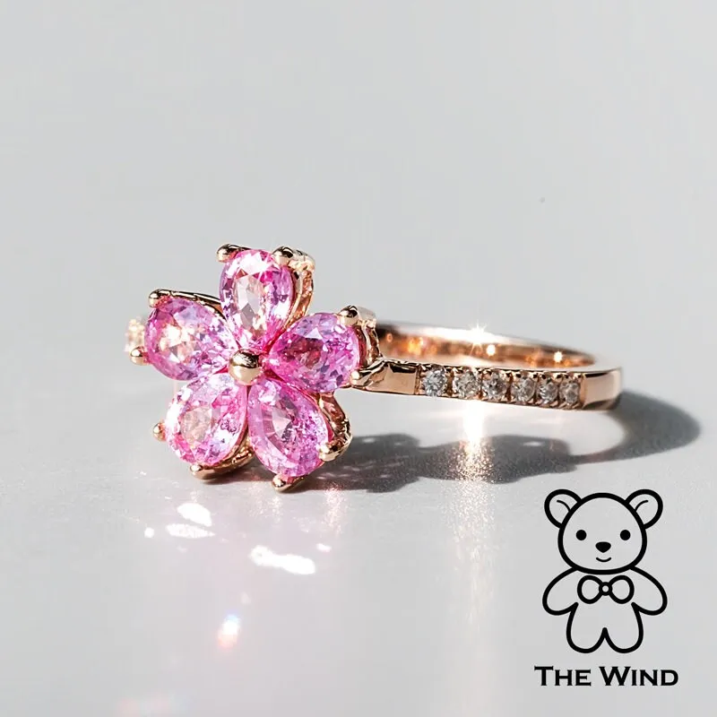 Pink Sapphire Diamond Sakura Cherry Blossom Flower Engagement Ring 18K Rose Gold Promise Ring for Couples