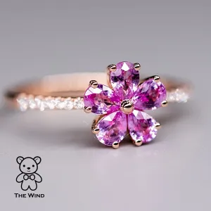 Pink Sapphire Diamond Sakura Cherry Blossom Flower Engagement Ring 18K Rose Gold Promise Ring for Couples