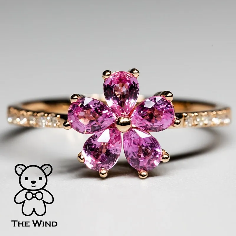 Pink Sapphire Diamond Sakura Cherry Blossom Flower Engagement Ring 18K Rose Gold Promise Ring for Couples