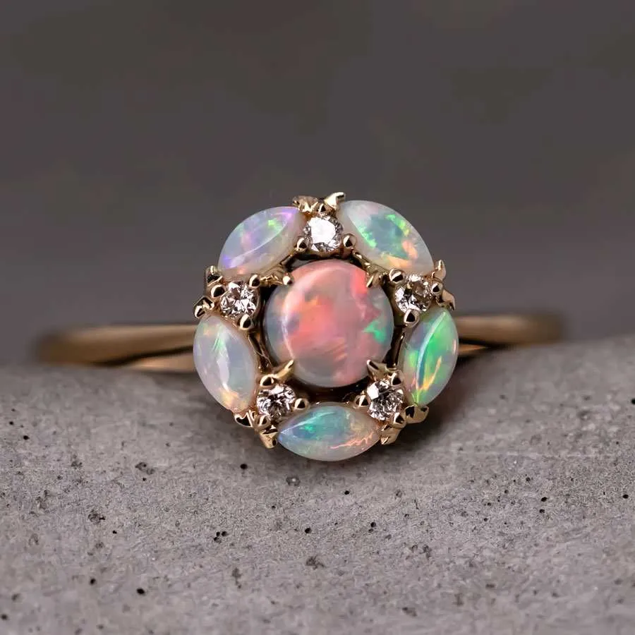 Plum Blossom Black Opal Diamond Engagement Ring 18K Yellow Gold